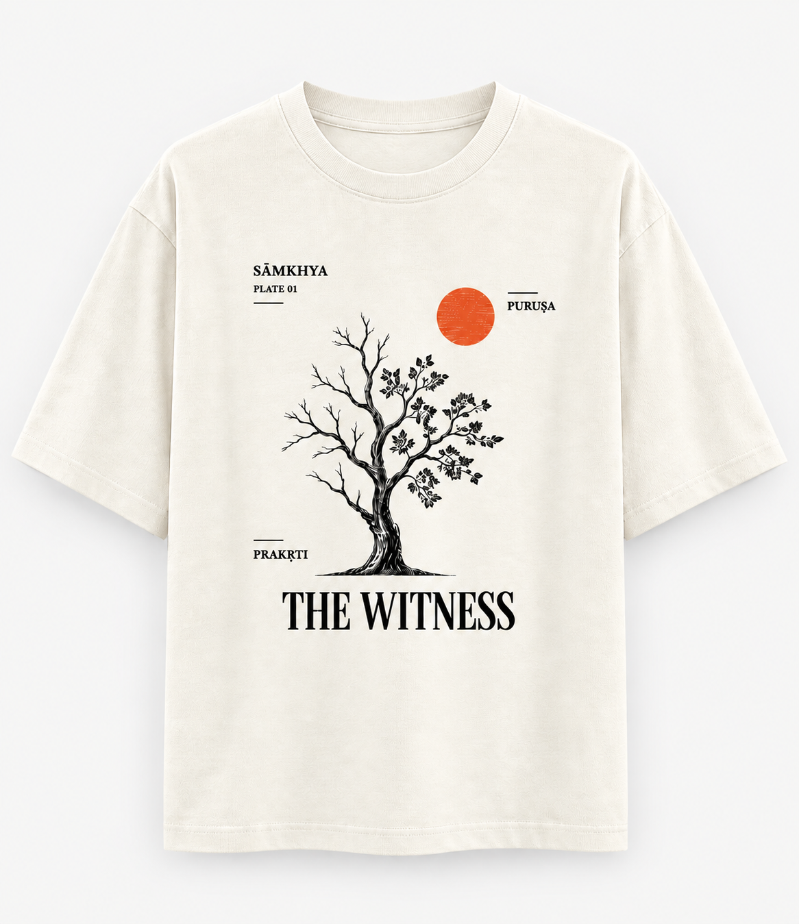 An off-white short-sleeve t-shirt with a graphic print of a bare tree, an orange sun, and black text reading 'THE WITNESS' on a clean white background.